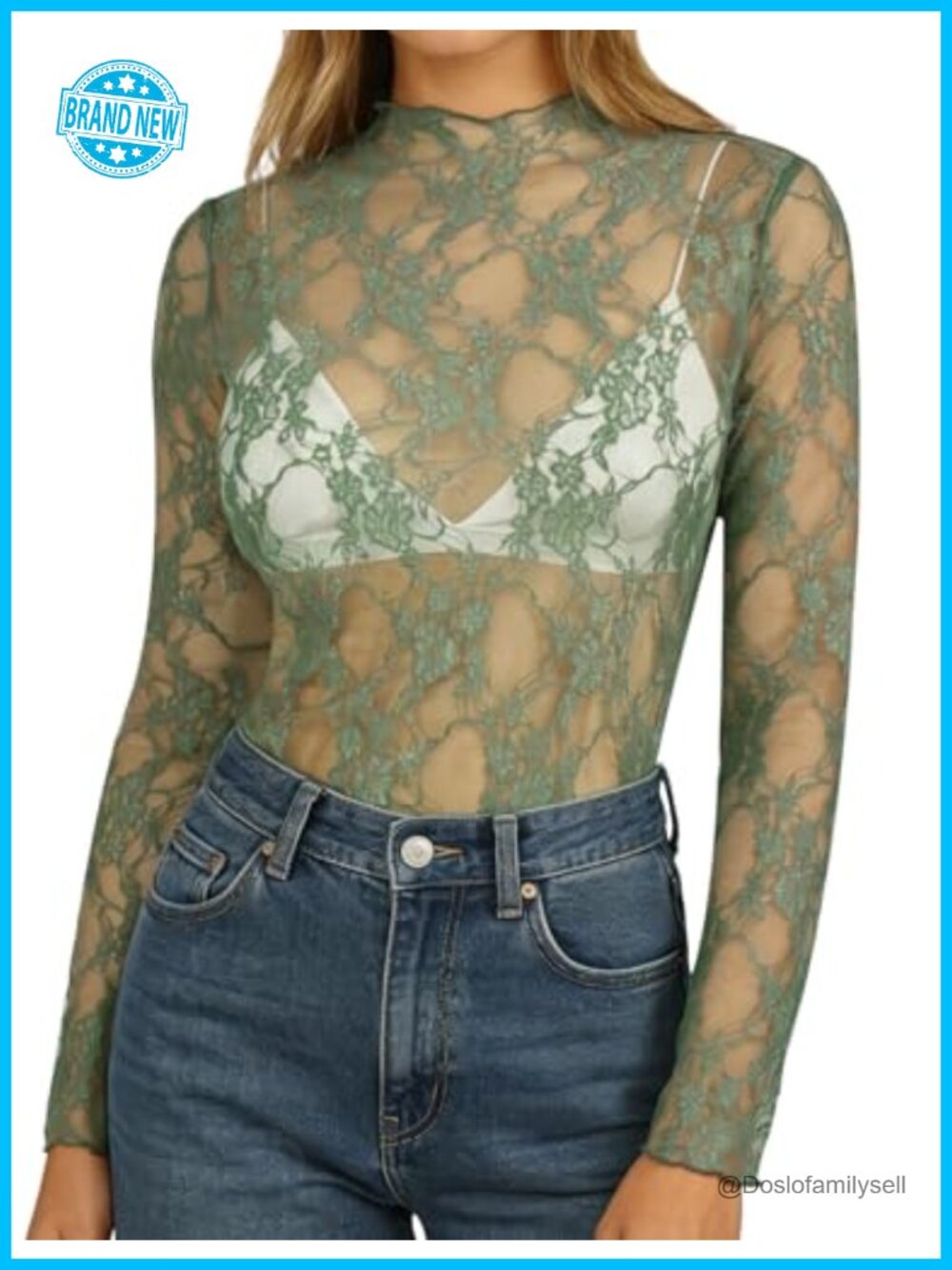 Women's Lace Long Sleeve Mock Neck Sheer Mesh Floral Blouse